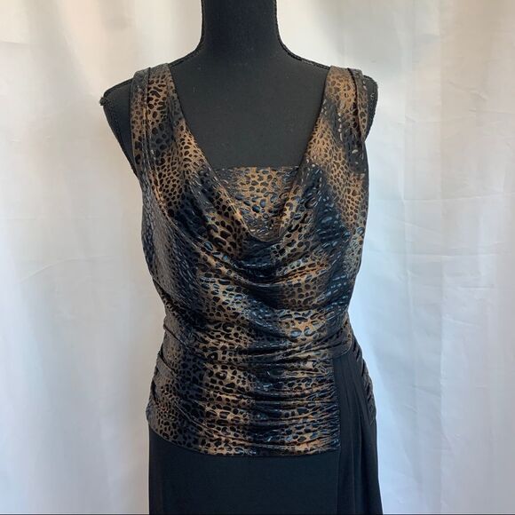 FRANK Lyman Design Black Leopard Animal Print Dress Sz 12 Black Brown Sleeveless - Picture 3 of 13